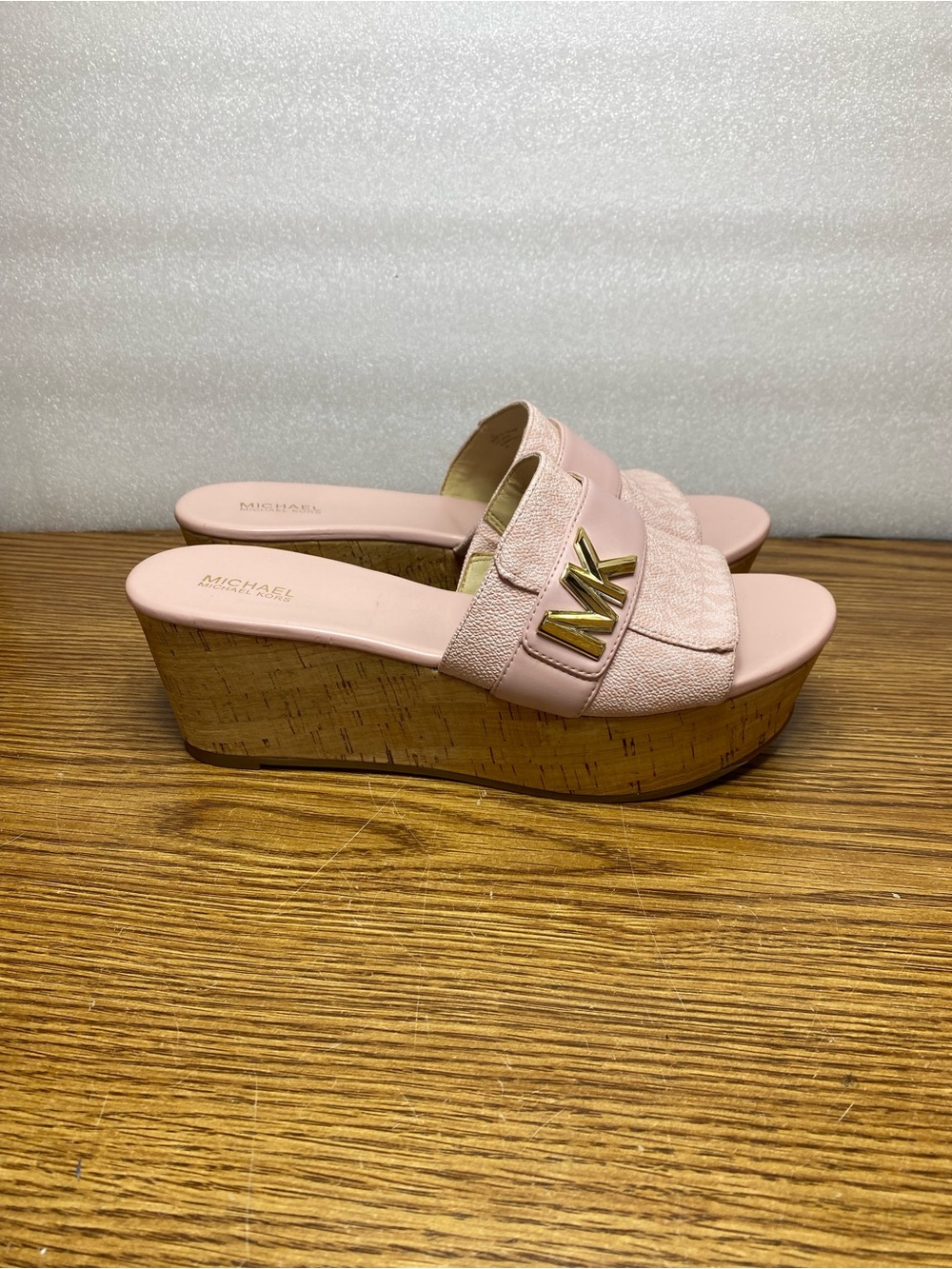 Michael Kors Jilly Platform Slide Smokey Rose Pink Logo Sandal Cork Heel Women 9